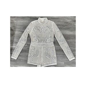 Elegant White Silver/Gold Rhinestone Beaded Romper with High Collar